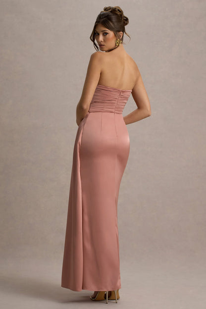 Edel Pink Satin Strapless Maxi Dress With Drape