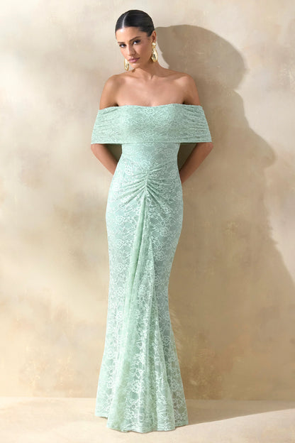 Elinor Sage Lace Bardot Neck Maxi Dress With Gathered Detailing