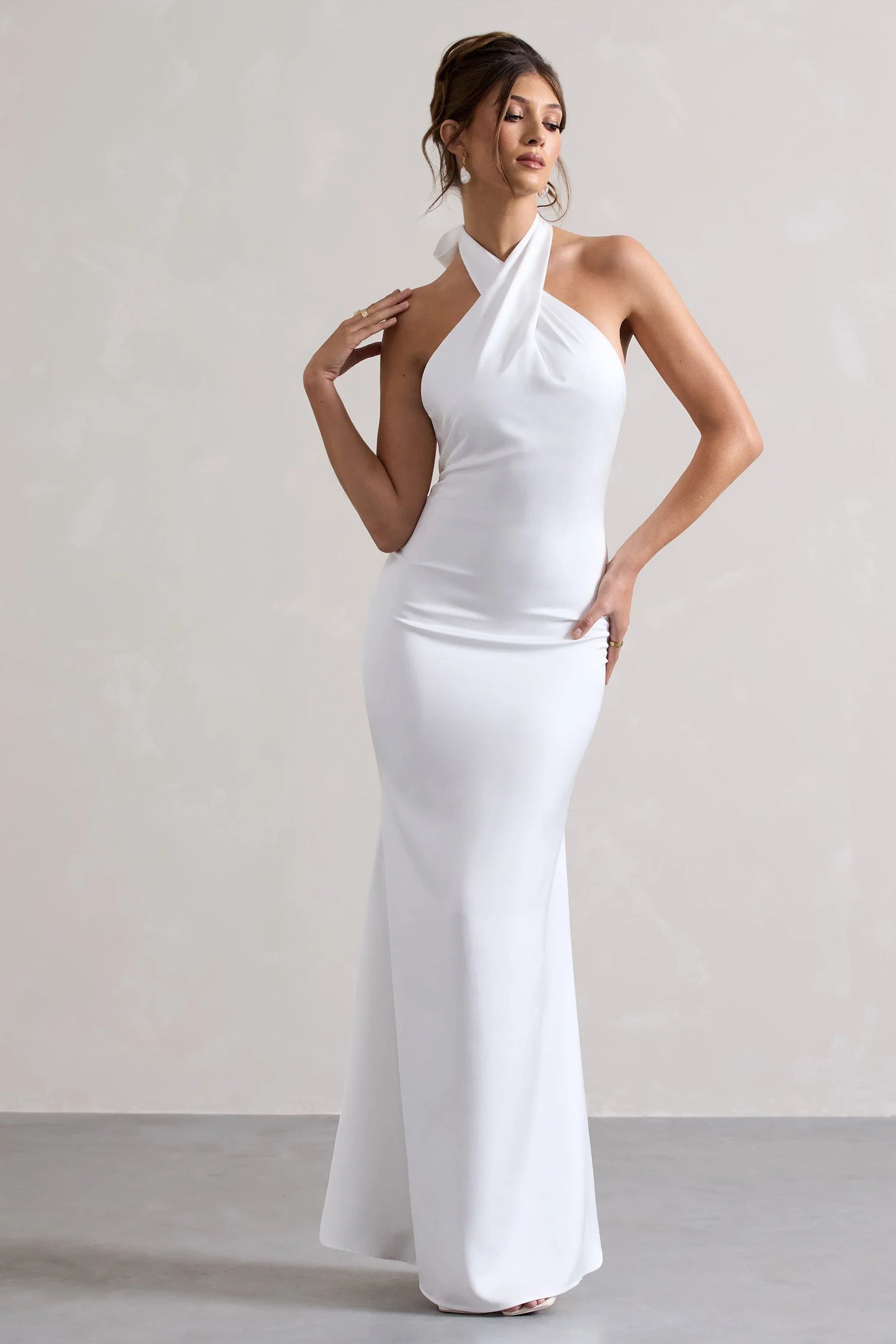 Unbeatable White Satin Cross Over Halter Neck Maxi Dress