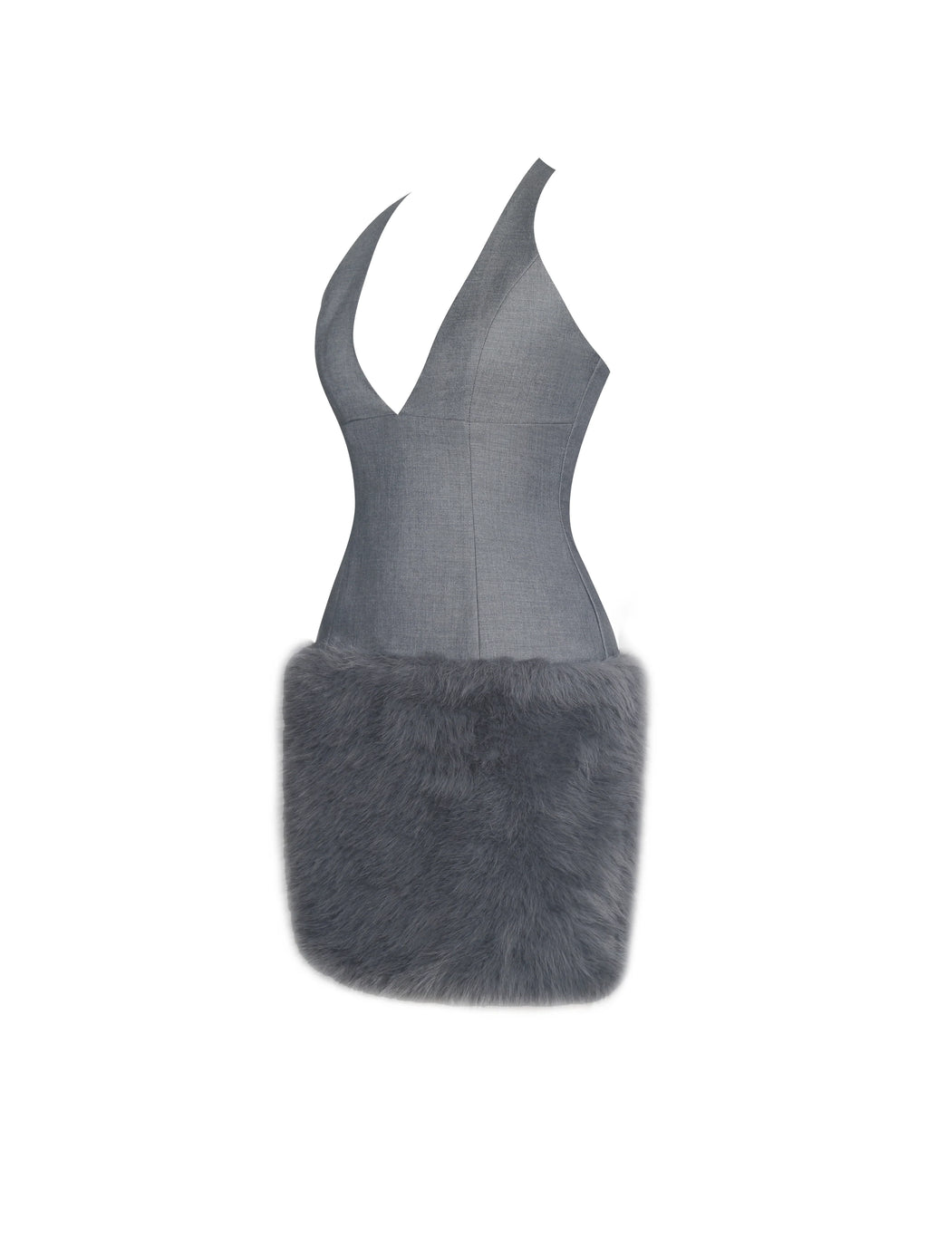 Daisy Grey Drop Waist Fur Trim Halter Mini Dress