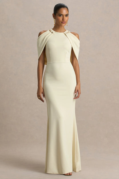 Yulia Sand High Neck Maxi Dress With Cape Sleeves
