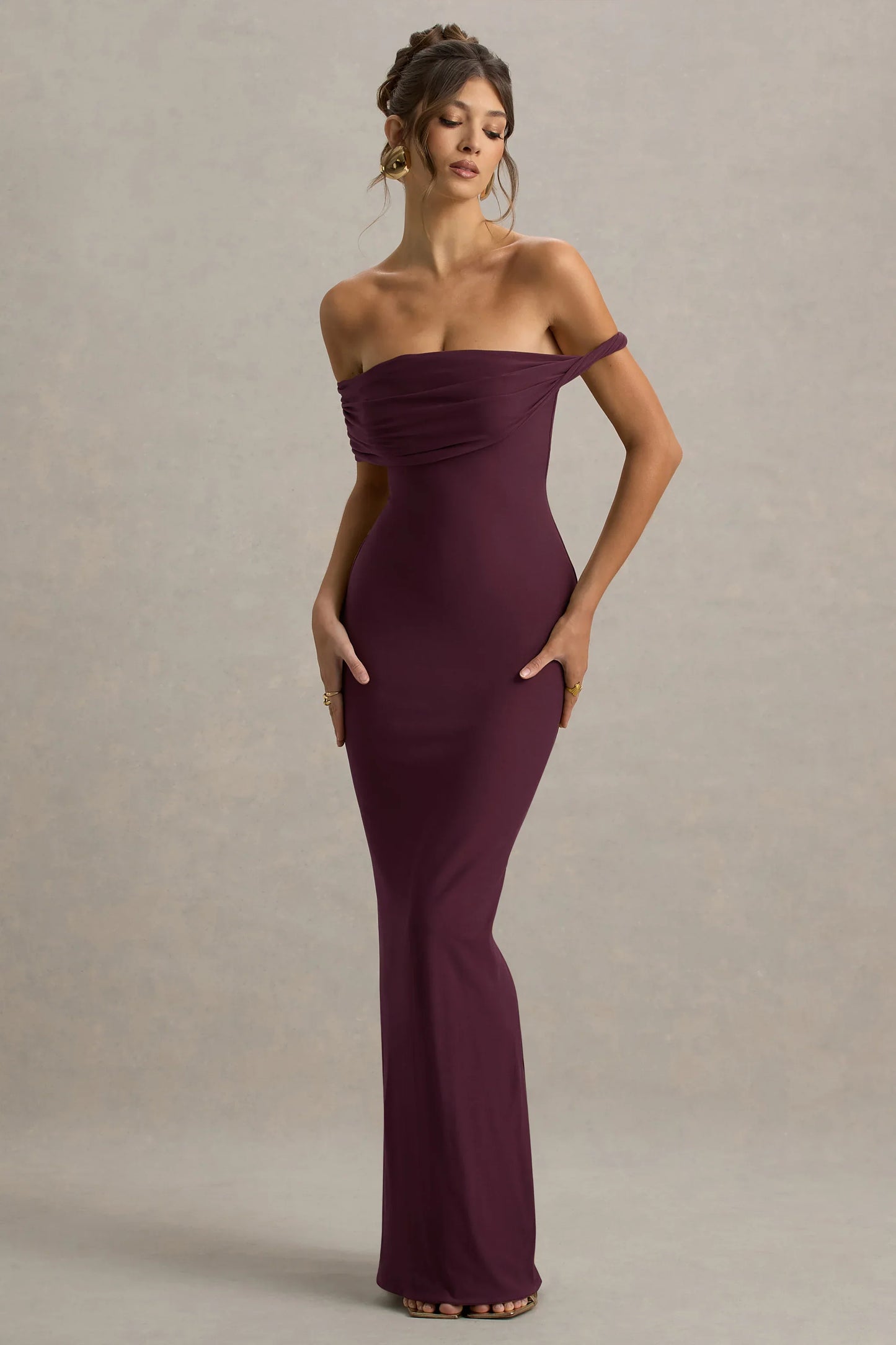 Melika Burgundy Twisted Bardot Maxi Dress