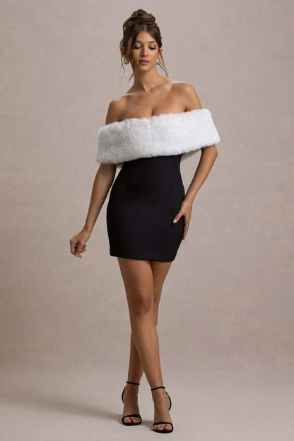 Little Luxe Black Bardot Mini Dress With White Fur Trim