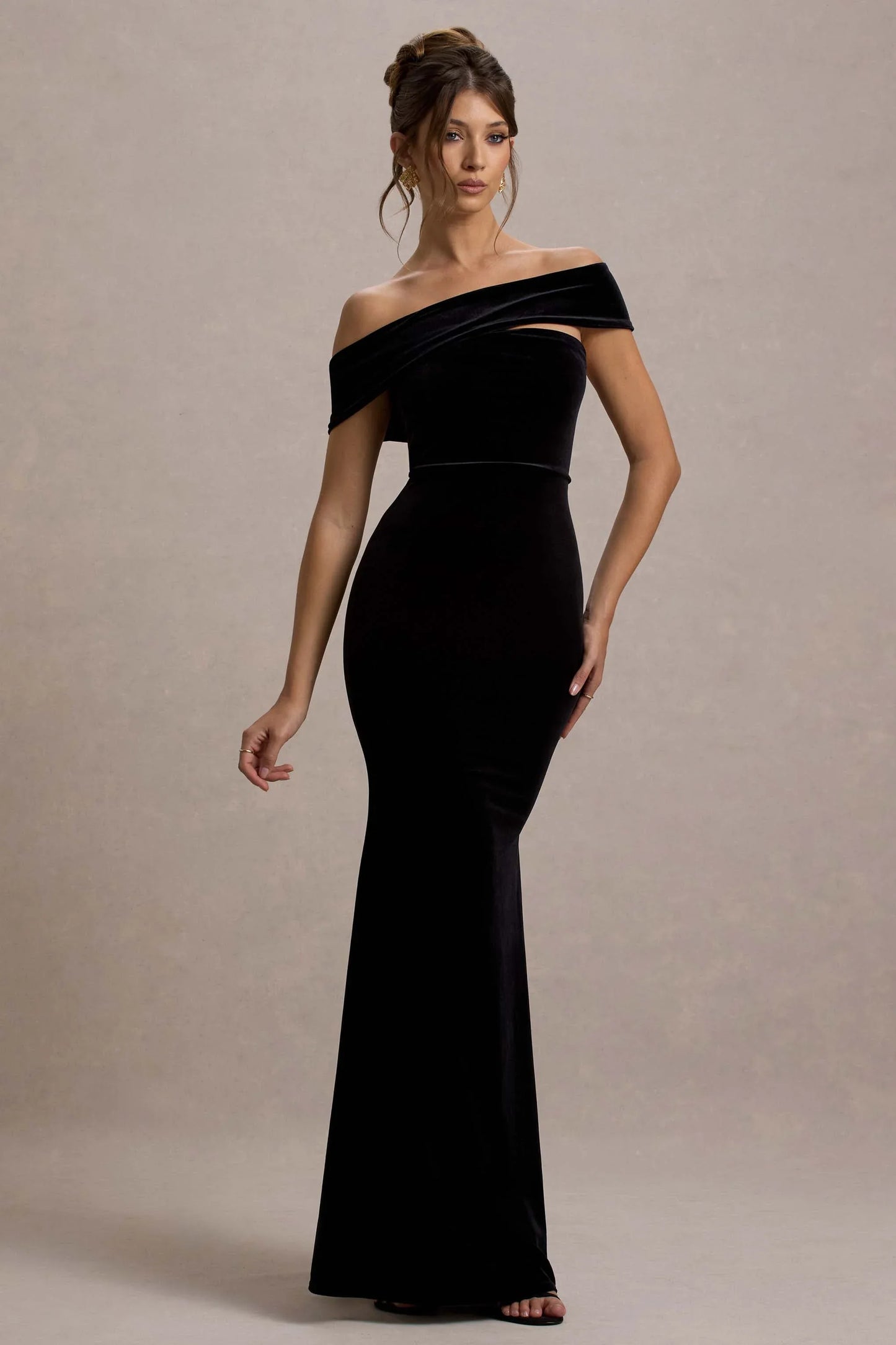 Candela Black Velvet Asymmetric Bardot Maxi Dress