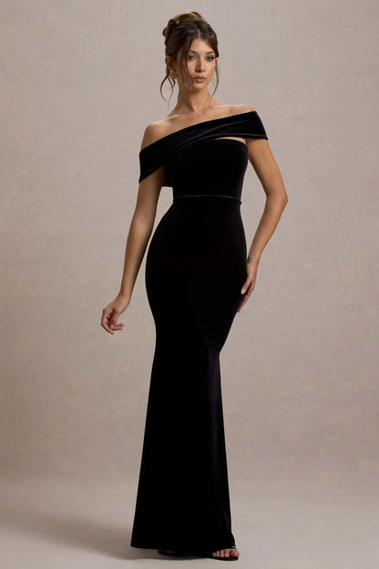 Candela Black Velvet Asymmetric Bardot Maxi Dress