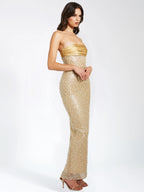 Lainey Gold Satin Sequin Pearls Beaded Maxi Dress