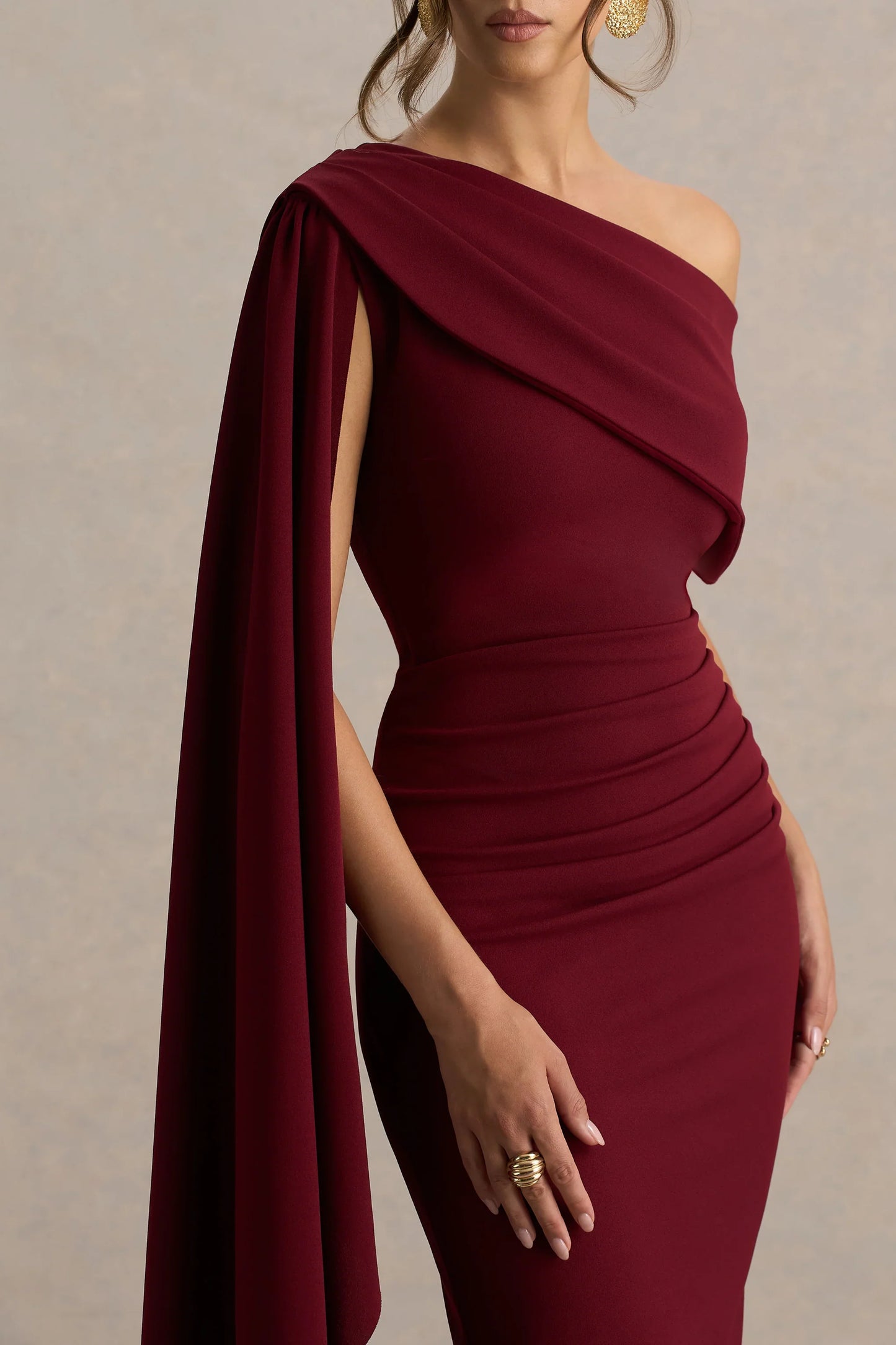 Leah Burgundy Asymmetric Neck Midi Dress With Cape Sleeve