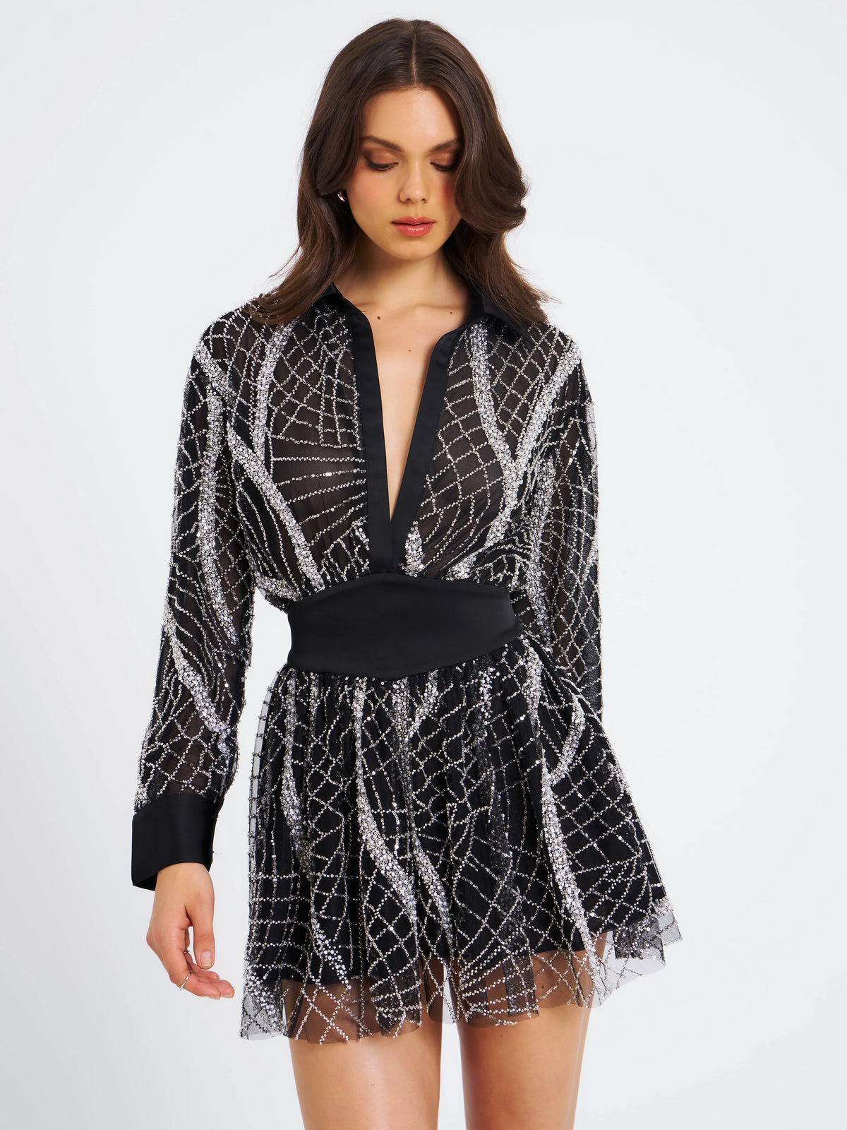 Rachelle Black Embroidered Mesh Mini Shirt Dress Archive Sale