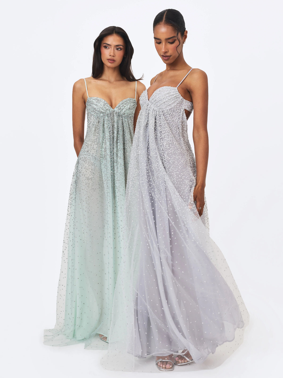 Wallie Silver Rhinestone Embellished Mesh Backless Gown