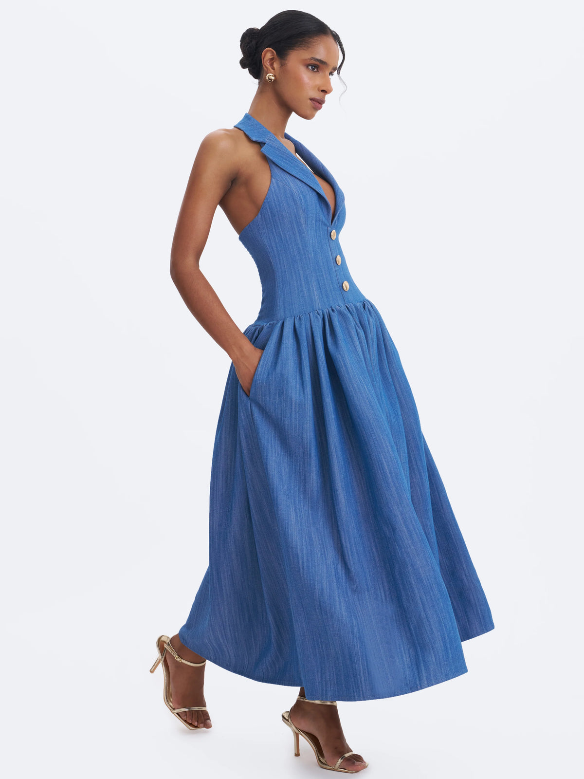 Xyan Navy Denim Lapel Halter A Line Midi Dress
