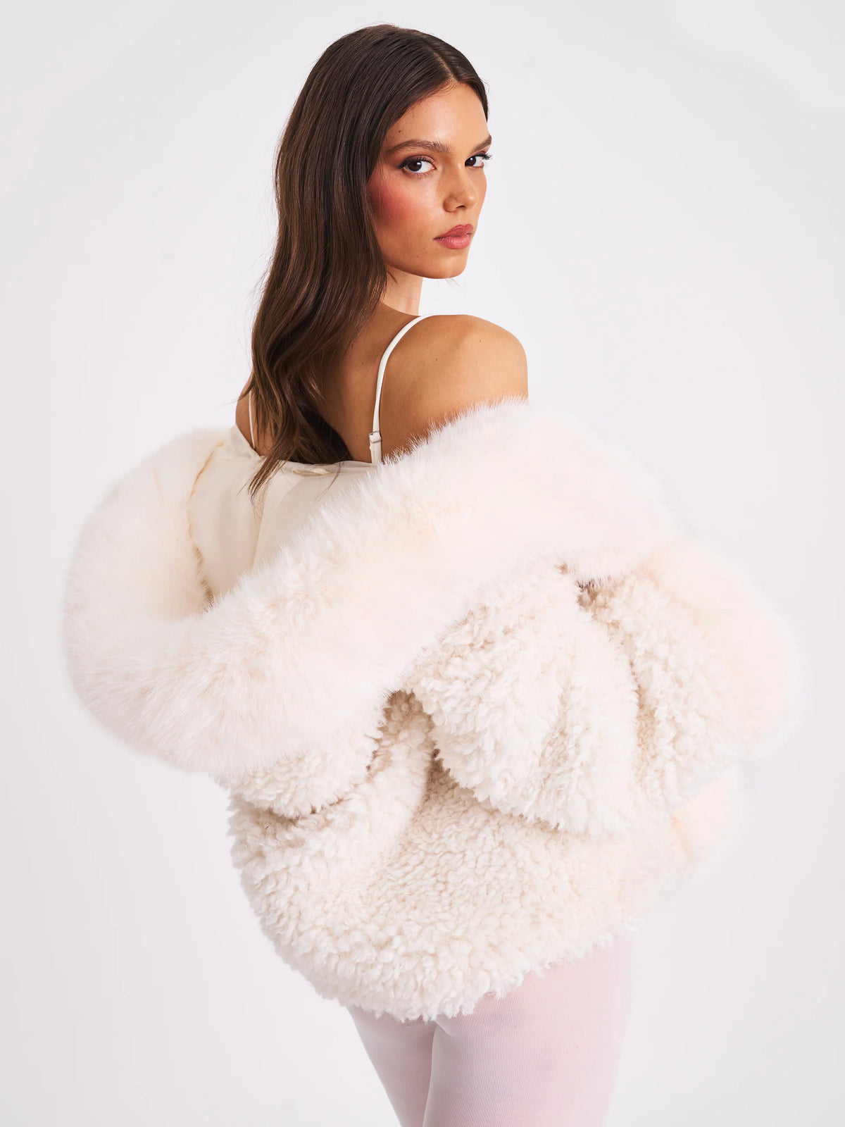 Jumbo Kali White Vegan Shearling Fur Trimmed Coat