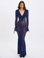 Ilyse Navy V Neck Plunge Animal Print Mermaid Hem Maxi Dress