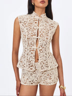 Rosetta Cream Cotton Crochet Mandarin Collar Top