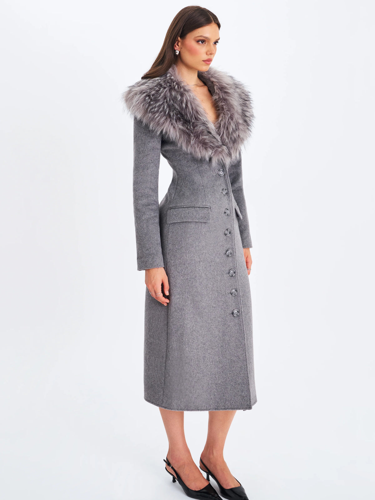 Faye Grey Wool Blend Single Breasted Coat with Removable Faux Fur Collar