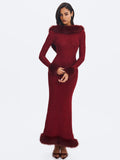 Melrose Burgundy Petite Length Rhinestone Mesh Low Back Mermaid Gown