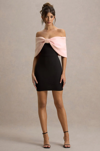 Sadie Black Pink Bow Bardot Mini Dress