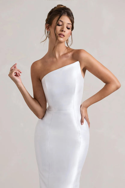 Define White Satin Asymmetric Fishtail Maxi Dress