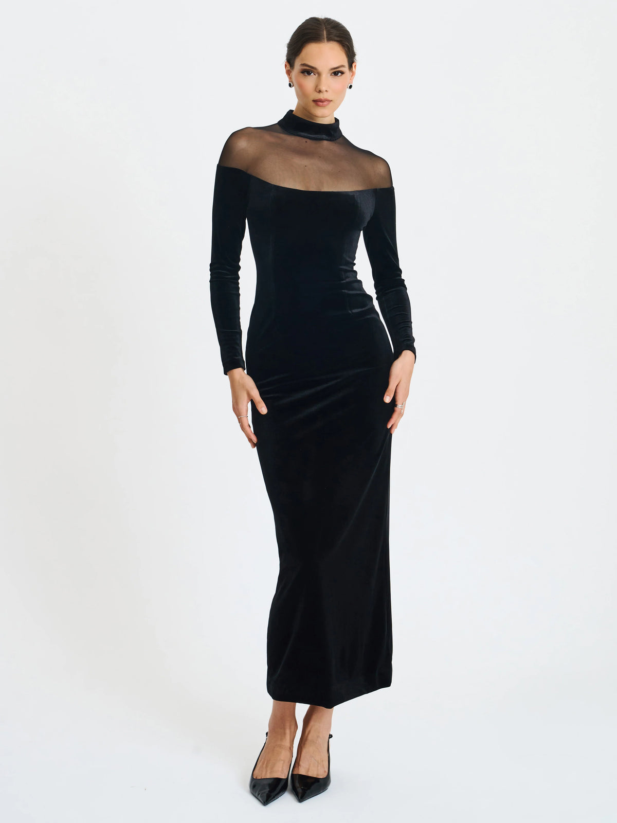 Blair Black Sheer Mock Neck Maxi Dress