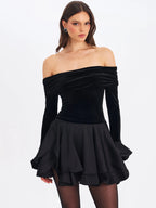 Magnolia Black Off Shoulder Layered Satin Mini Dress