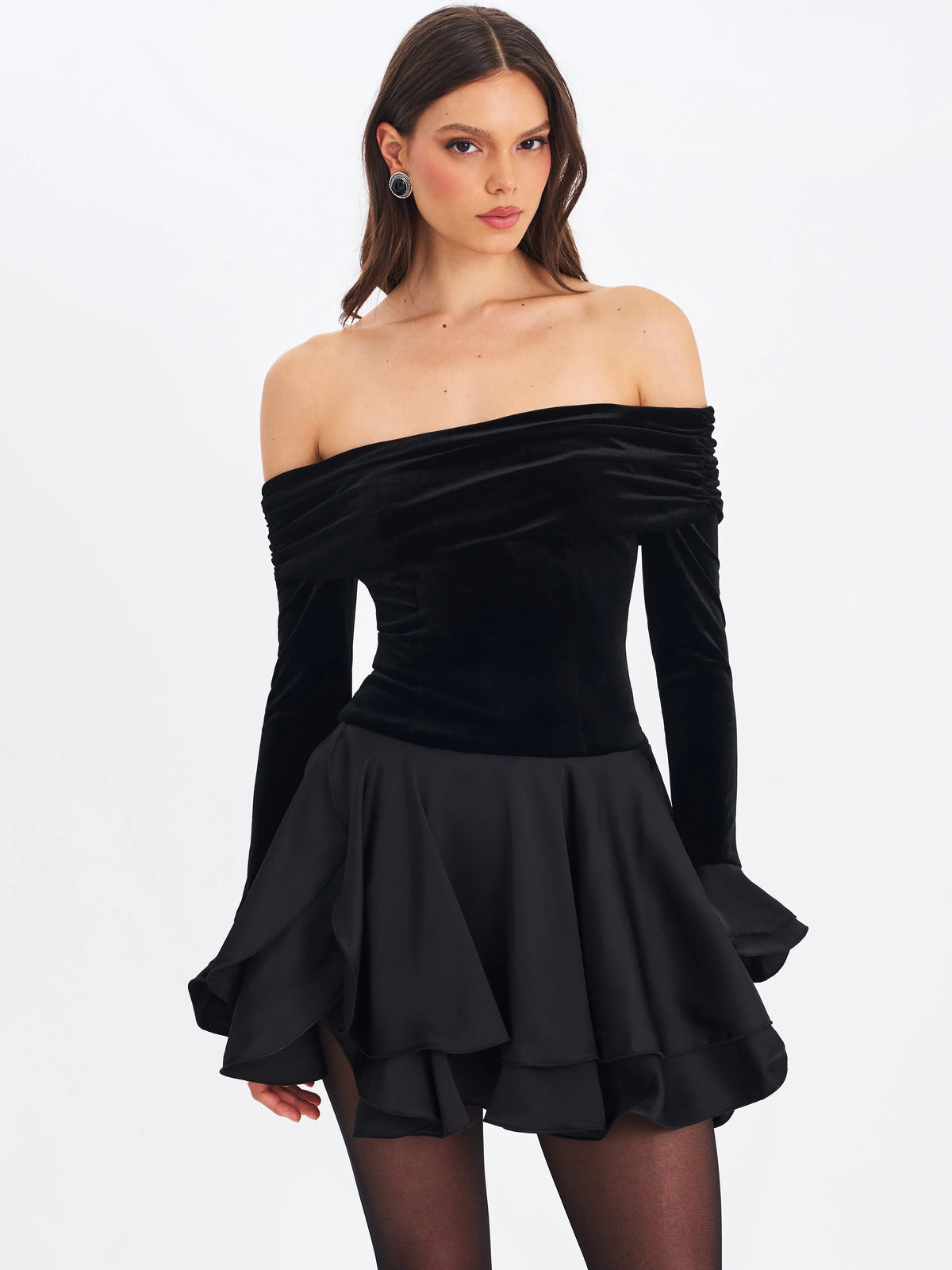 Magnolia Black Off Shoulder Layered Satin Mini Dress