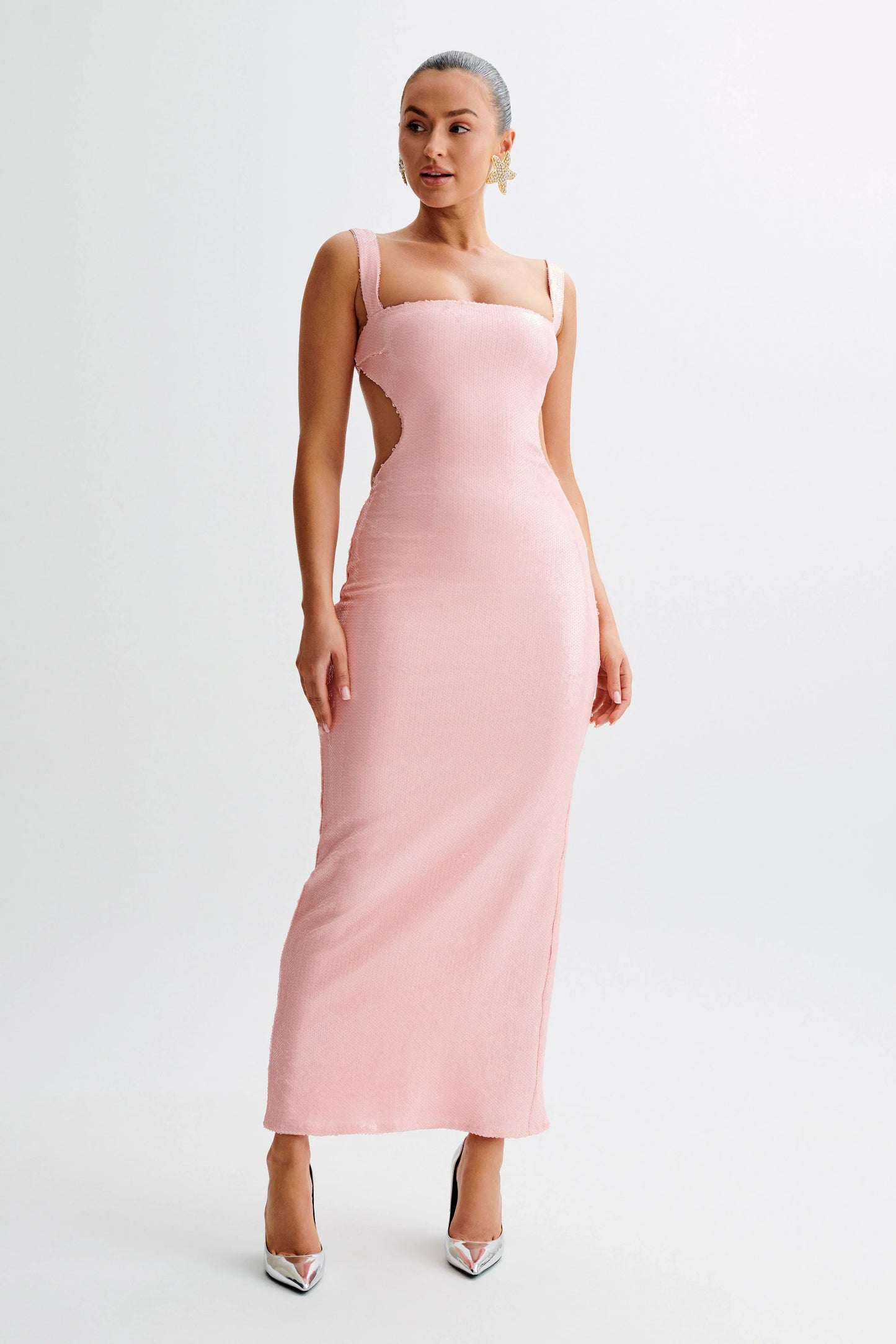 Adoria Sequin Cut Out Maxi Dress Pale Pink