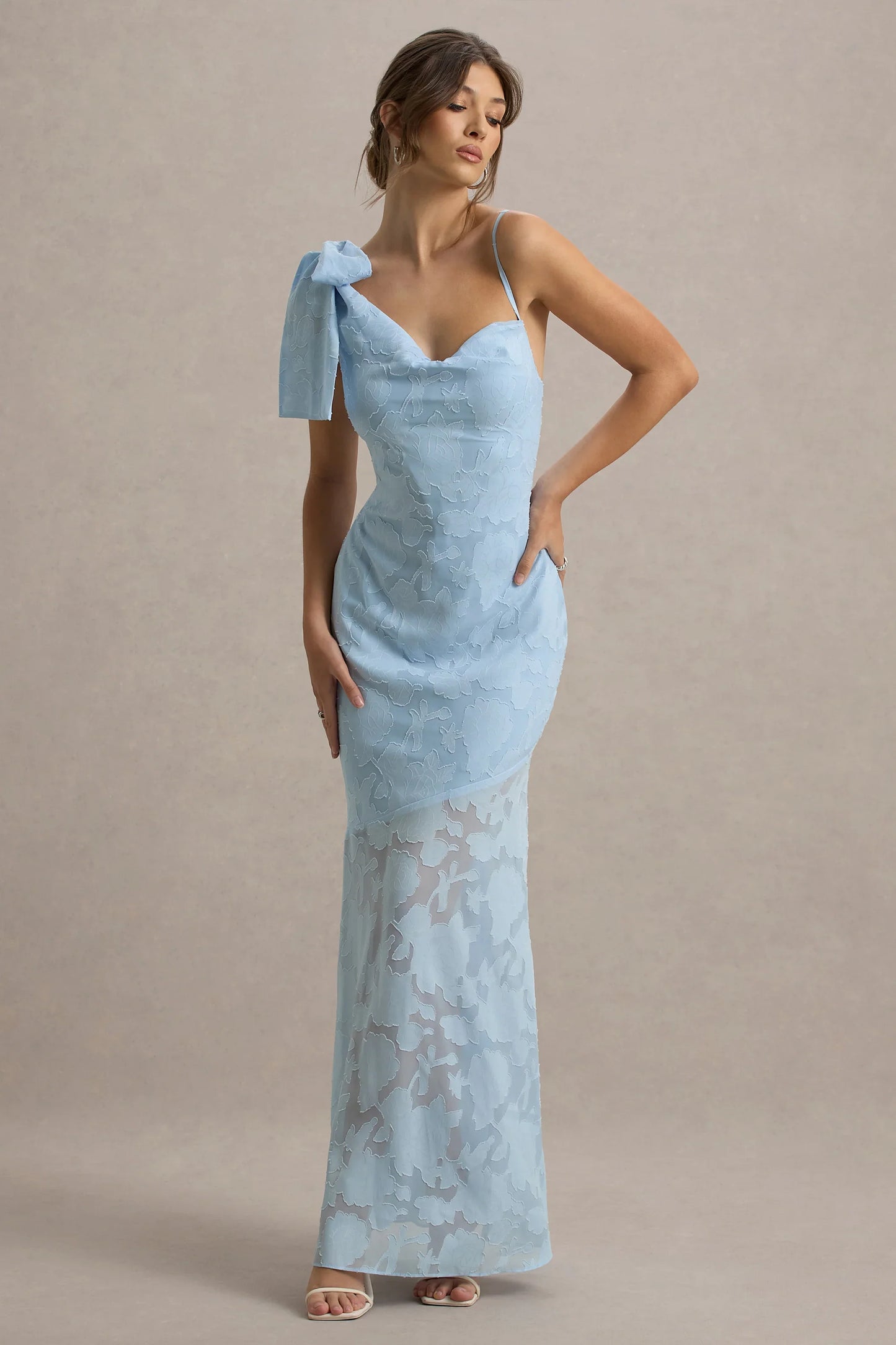 Chyna Light Blue Cowl Neck Maxi Dress With Bow Strap