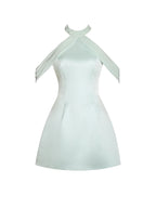 Zafrina Light Cyan Halter Off shoulder Backless Mini Dress