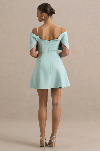 Faria Light Blue Short Sleeve Bardot Mini Dress With Bow Detail