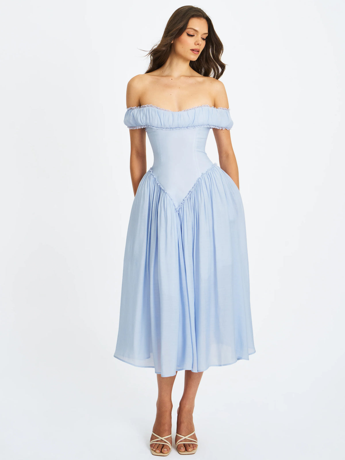 Xavy Baby Blue Off Shoulder Corset Midi Dress
