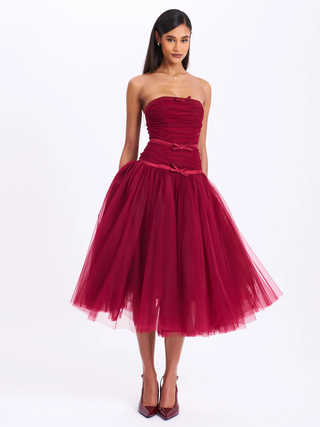 Mabel Burgundy Drop Waist Layered Mesh Midi Puffy Dress with Bow