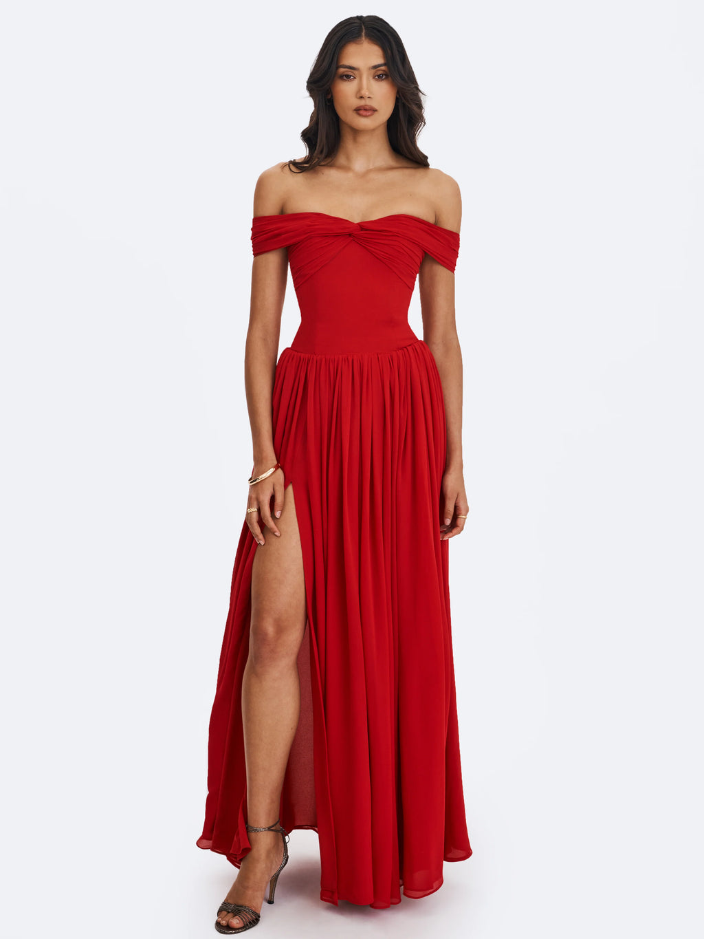 Tereza Crimson Georgette Bardot High Slit Maxi Dress
