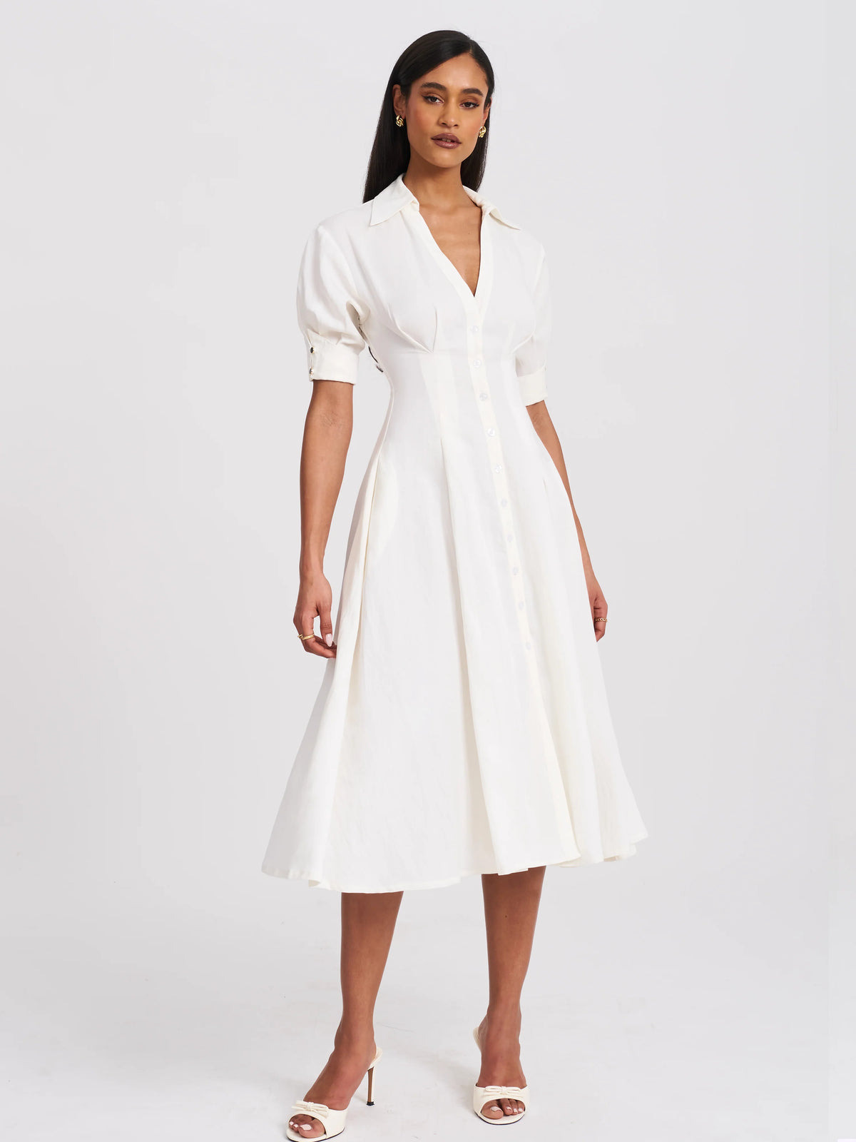 Palina White Lyocell Pleated Midi Preppy Shirt Dress