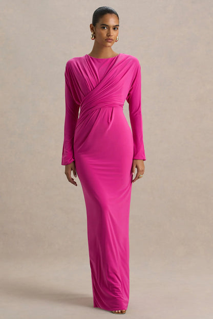 Regina Hot Pink High Neck Draped Wrap Maxi Dress