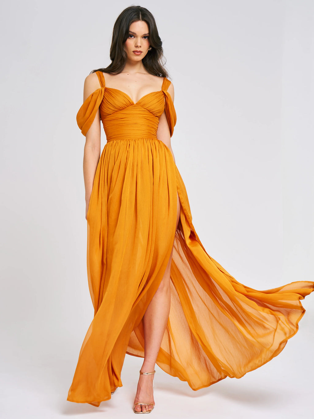 Jelani Layered Mesh High Slit Drape Maxi Dress