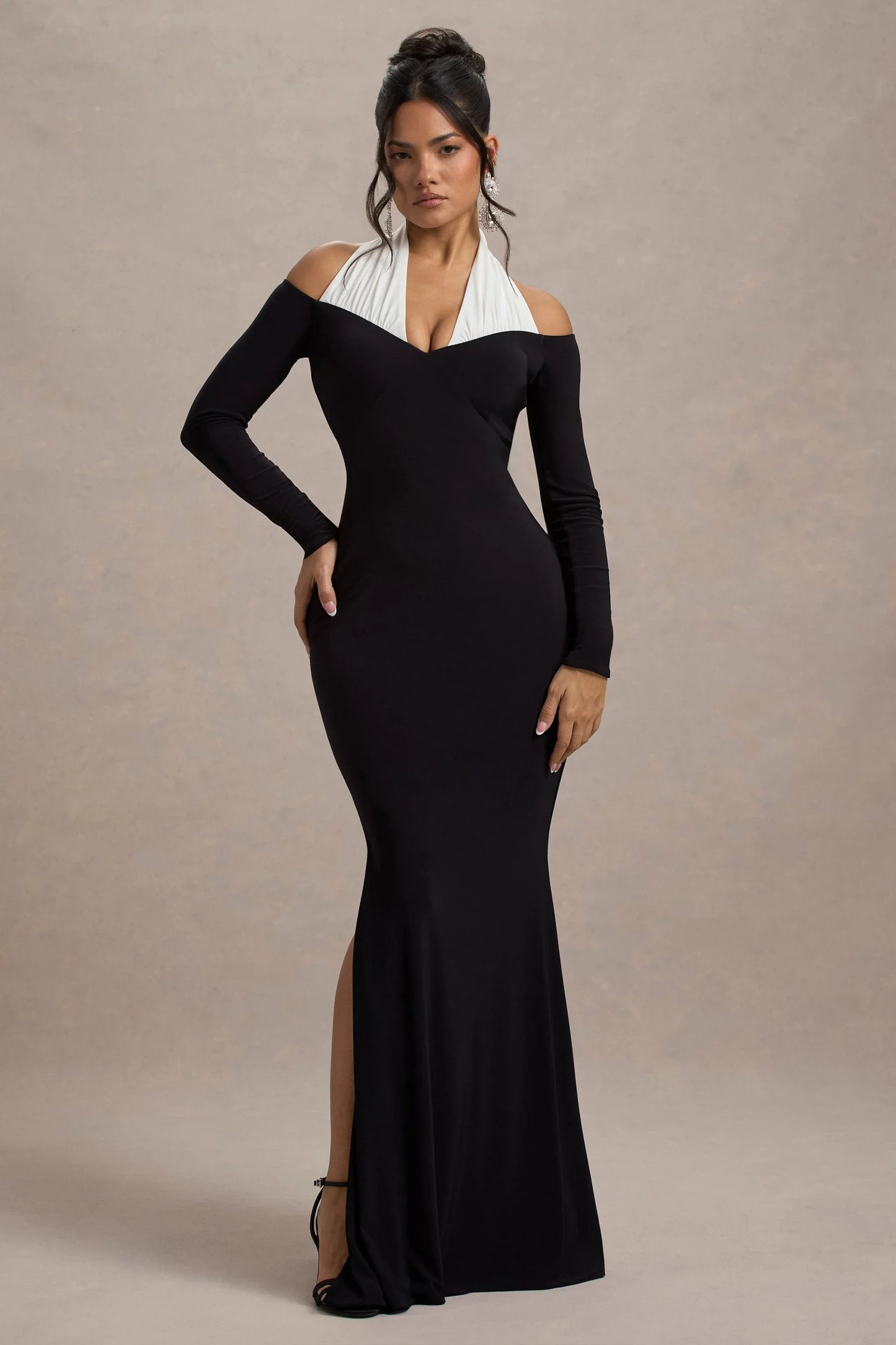 Living High Black White Halter Neck Split Maxi Dress