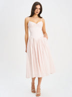 Zania Pink Stripe Cotton Jacquard Midi Dress