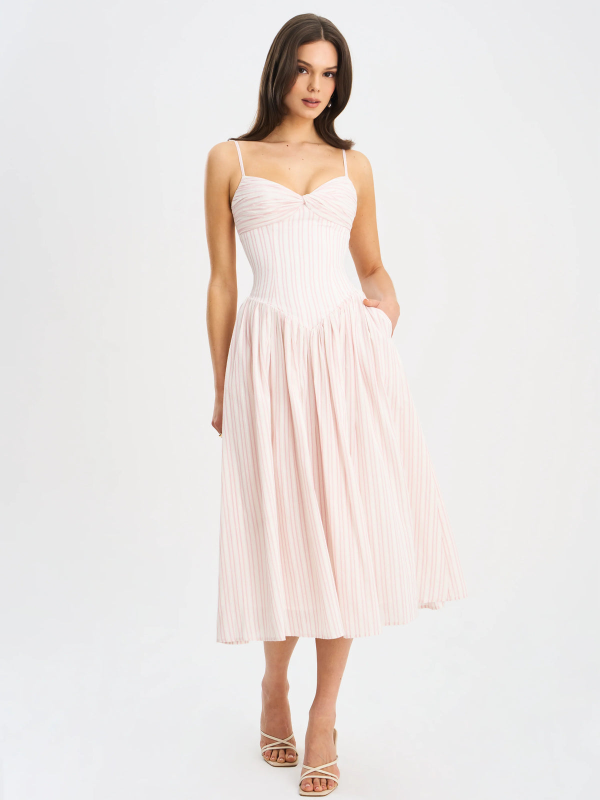 Zania Pink Stripe Cotton Jacquard Midi Dress