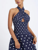 Nuri Navy Polka Dot Ramie Crossover Halter A Line Midi Dress