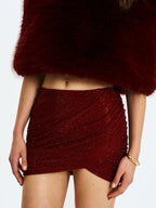 Darleen Crimson Rhinestone Mesh Low Waist Ruched Skirt
