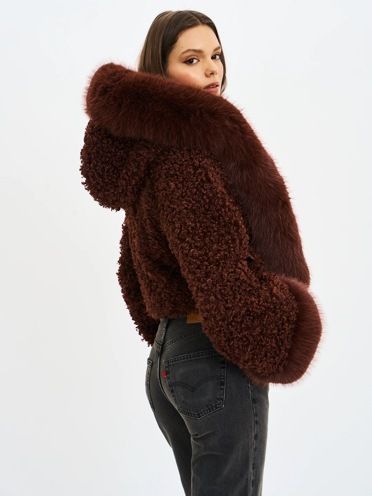 Kali Mahogany Cropped Vegan Shearling Fur Jacket
