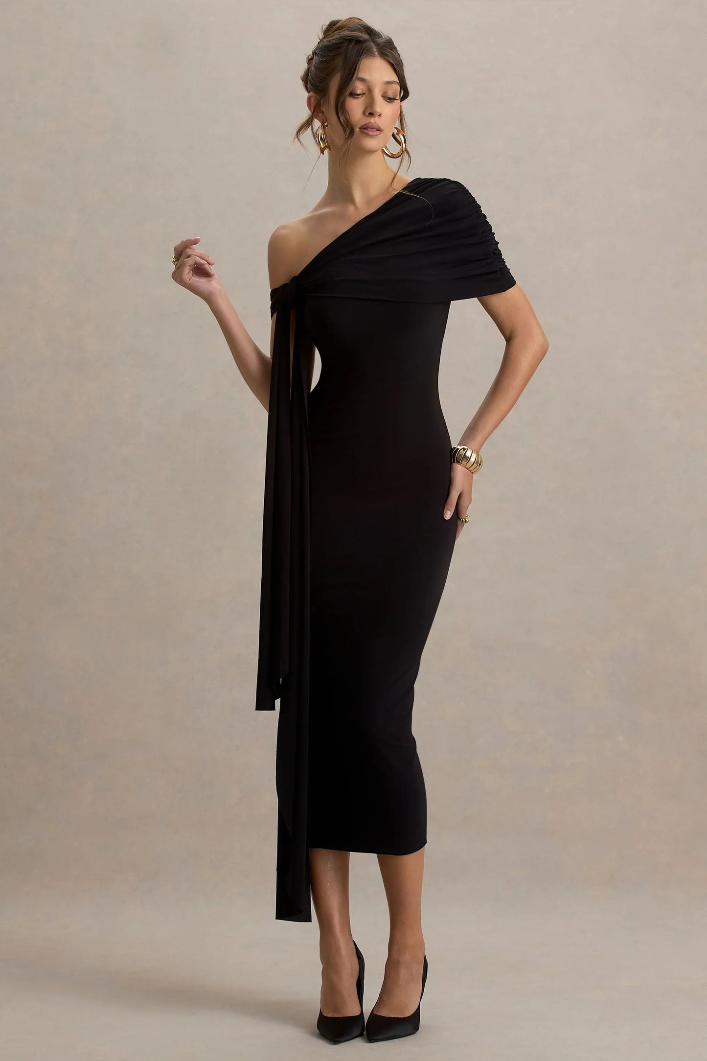 Praia Black Asymmetric Neck Maxi Dress With Sash and Draped Detailing