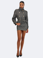 Sadie Black White Tweed High Collar Belted Mini Jacket