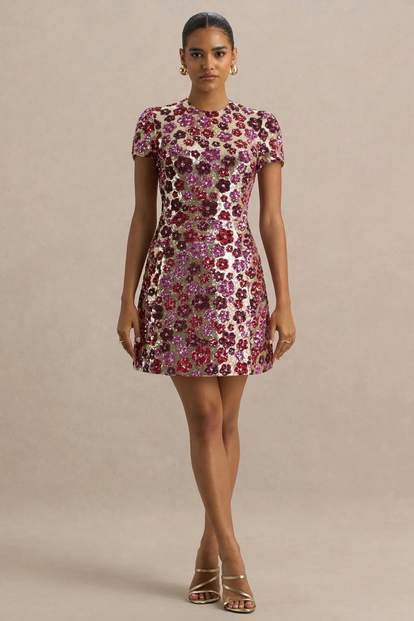 Eira Pink Floral Embellished Sequin Crew Neck Mini Dress