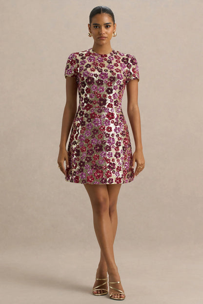 Eira Pink Floral Embellished Sequin Crew Neck Mini Dress