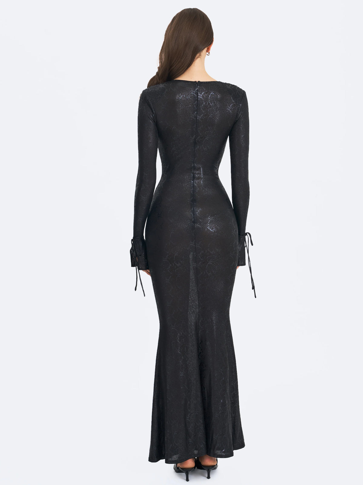 Ilysia Black V Neck Plunge Snakeskin Mermaid Hem Maxi Dress