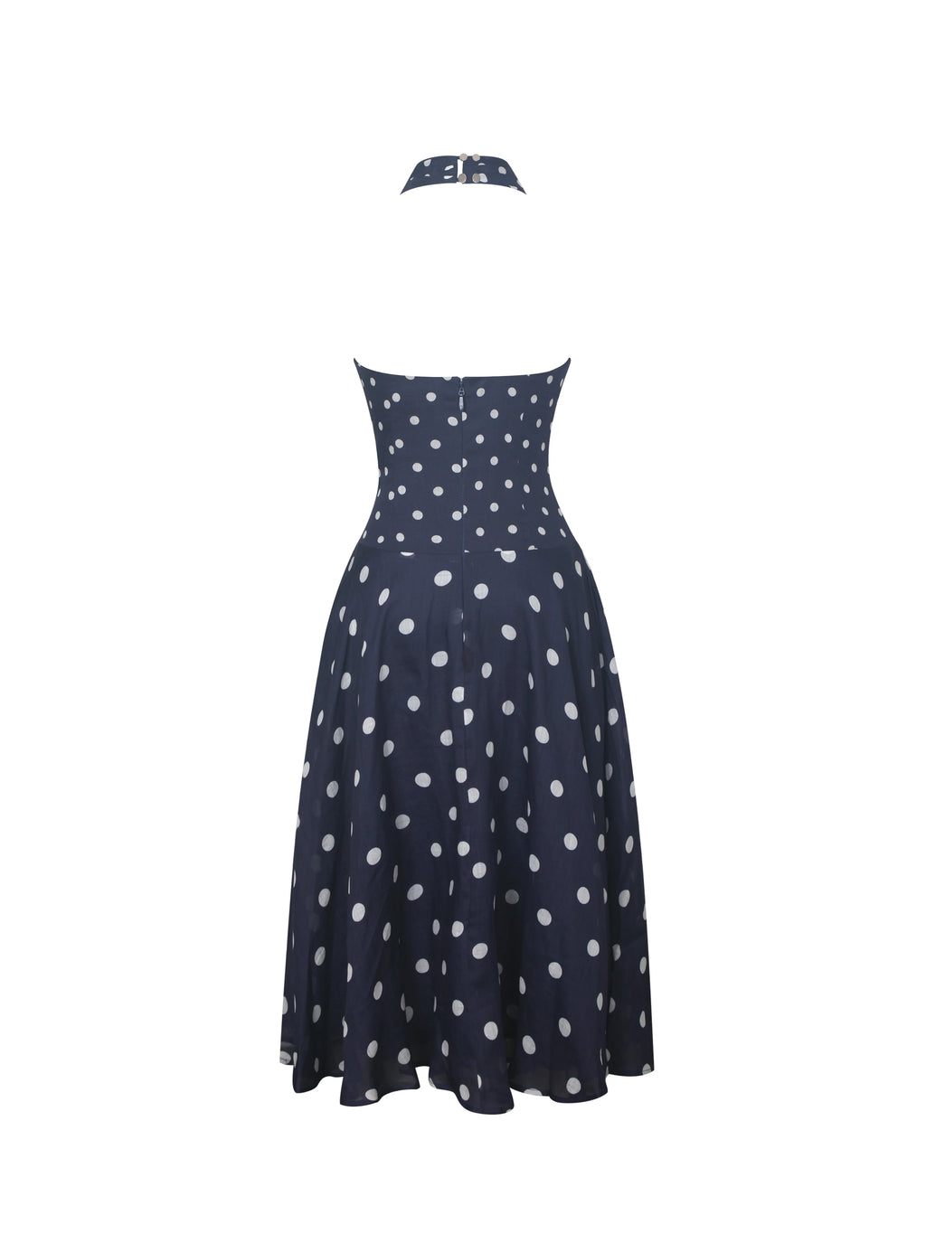 Nuri Navy Polka Dot Ramie Crossover Halter A Line Midi Dress