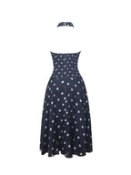Nuri Navy Polka Dot Ramie Crossover Halter A Line Midi Dress