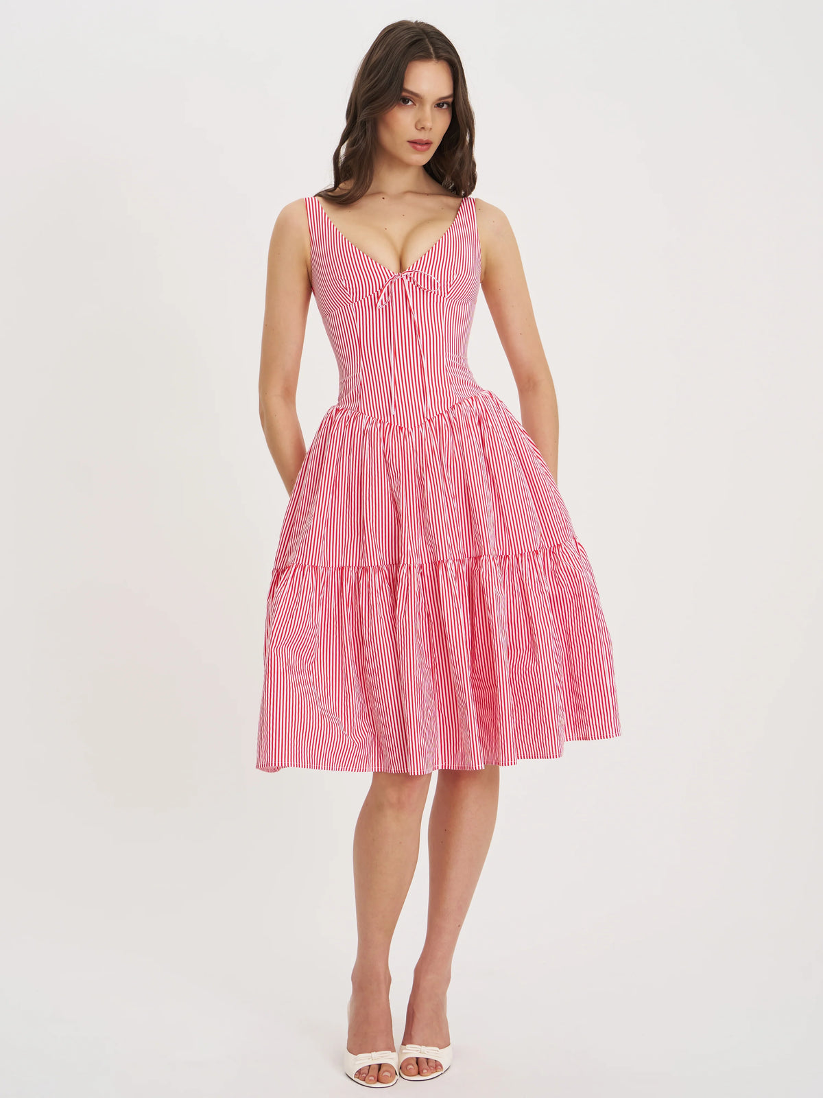 Oceana Red Cotton Stripe Drop Waist Midi Dress