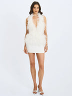 Quisten White Feathered Plunging Halter Mini Dress