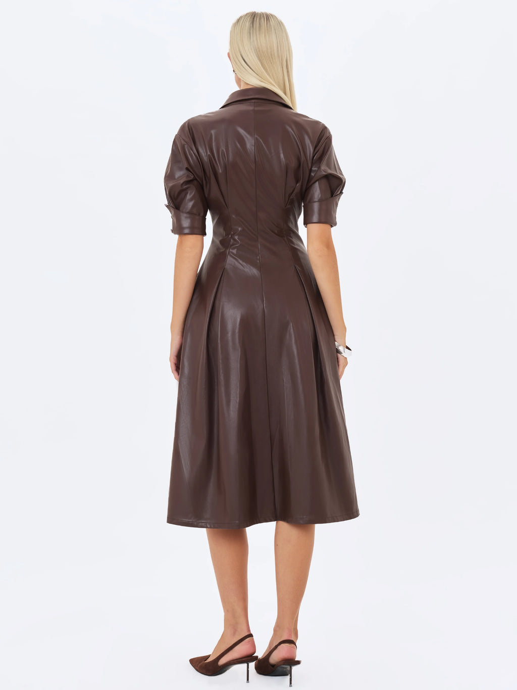 Vilda Espresso Brown Faux Leather Pleated Midi Dress